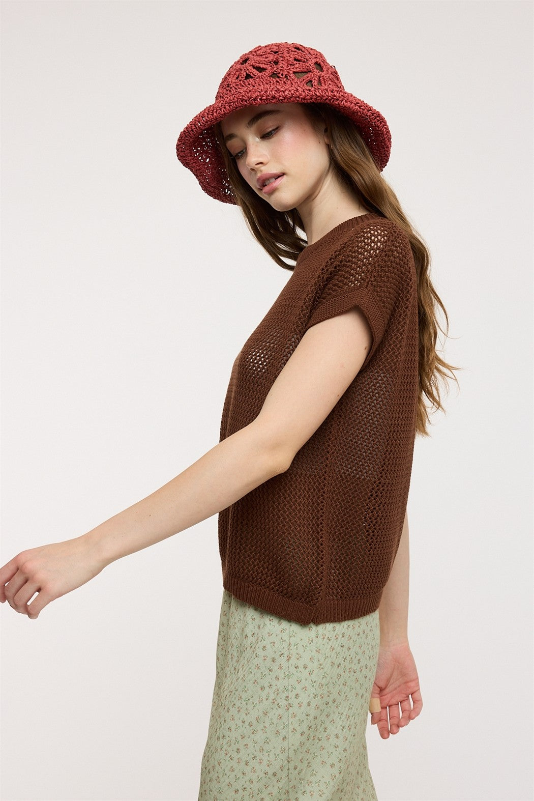 Coveair Open Knit Cap Sleeve Top - Espresso