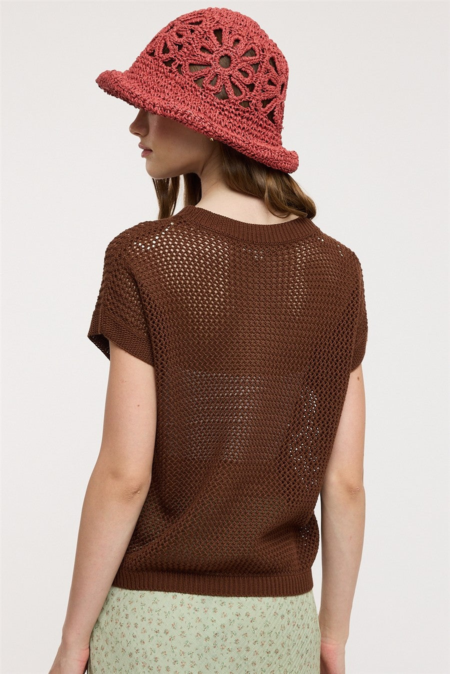 Coveair Open Knit Cap Sleeve Top - Espresso