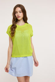Coveair Open Knit Cap Sleeve Top - Lime