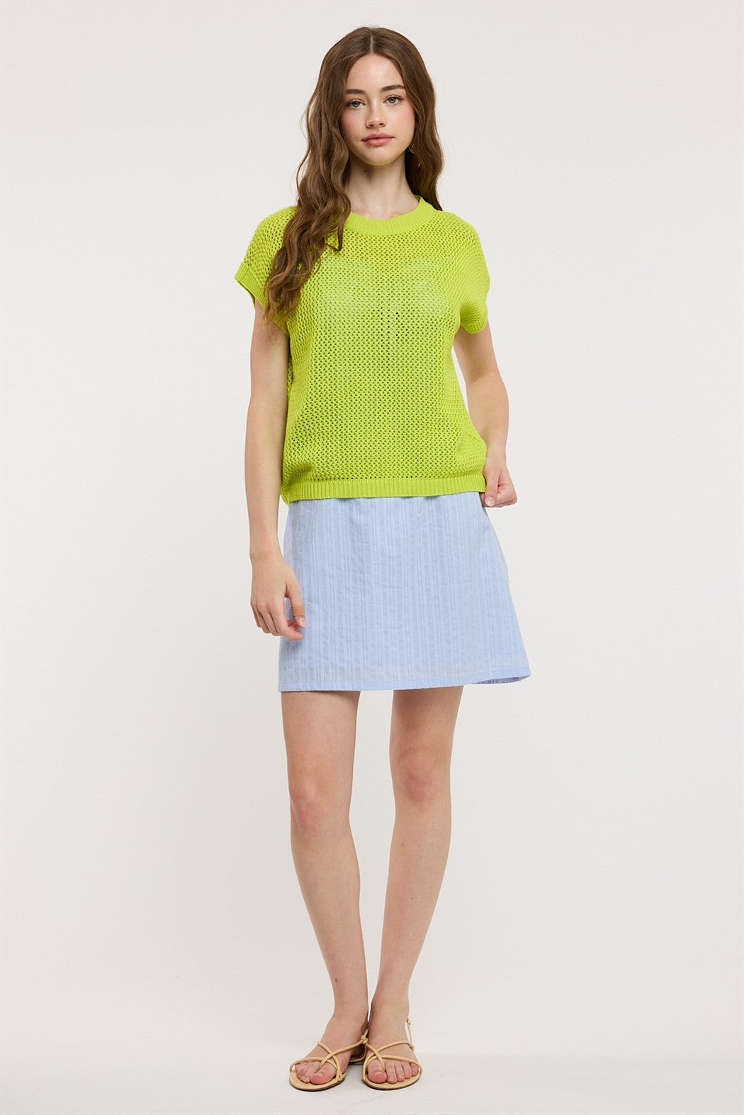 Coveair Open Knit Cap Sleeve Top - Lime