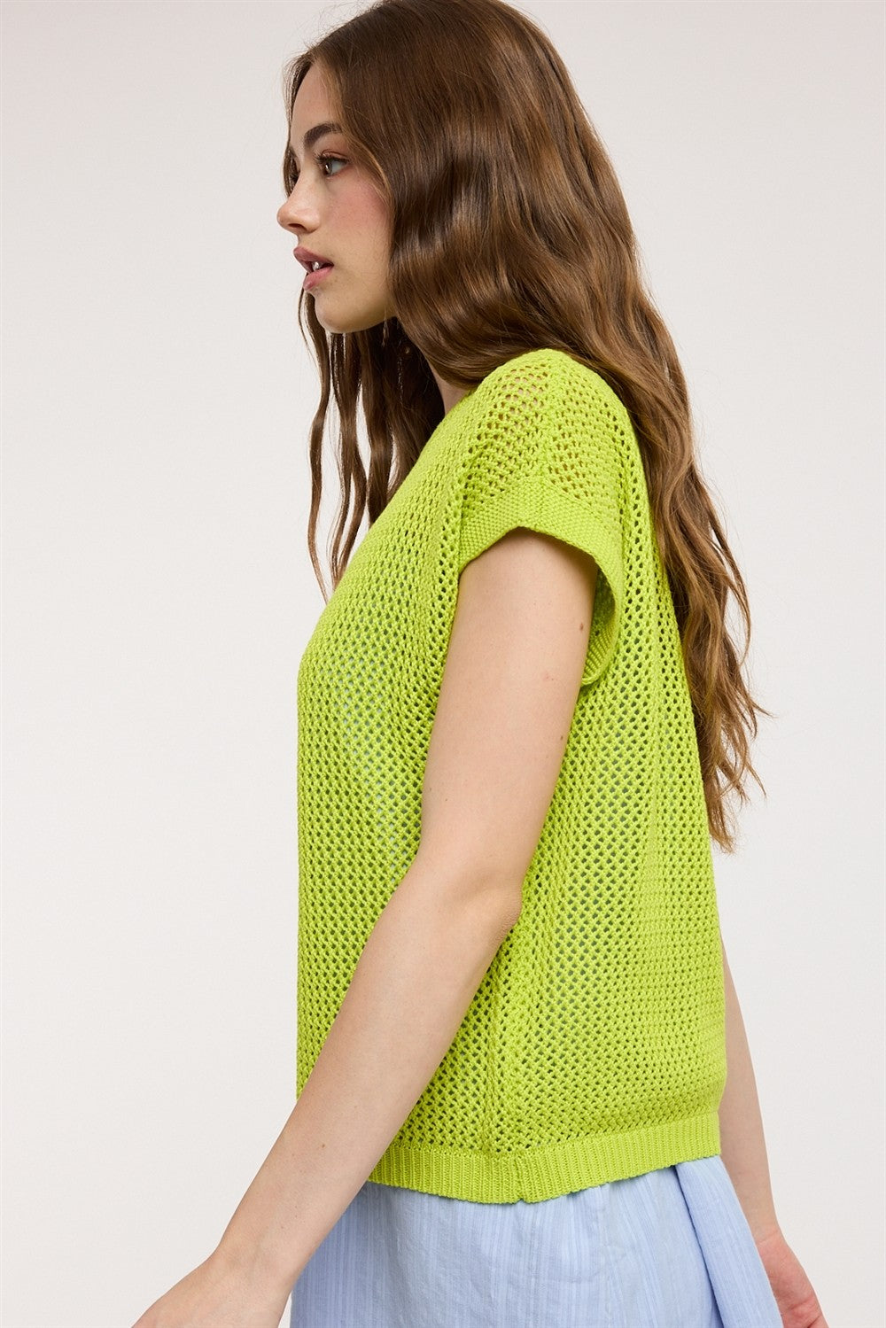 Coveair Open Knit Cap Sleeve Top - Lime