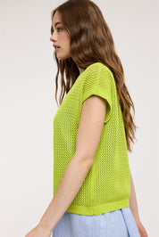 Coveair Open Knit Cap Sleeve Top - Lime