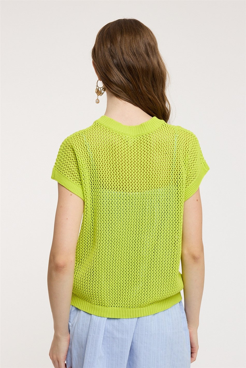 Coveair Open Knit Cap Sleeve Top - Lime