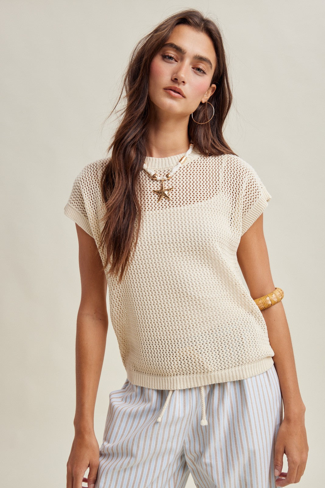 Coveair Open Knit Cap Sleeve Top - Natural