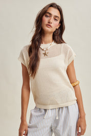 Coveair Open Knit Cap Sleeve Top - Natural