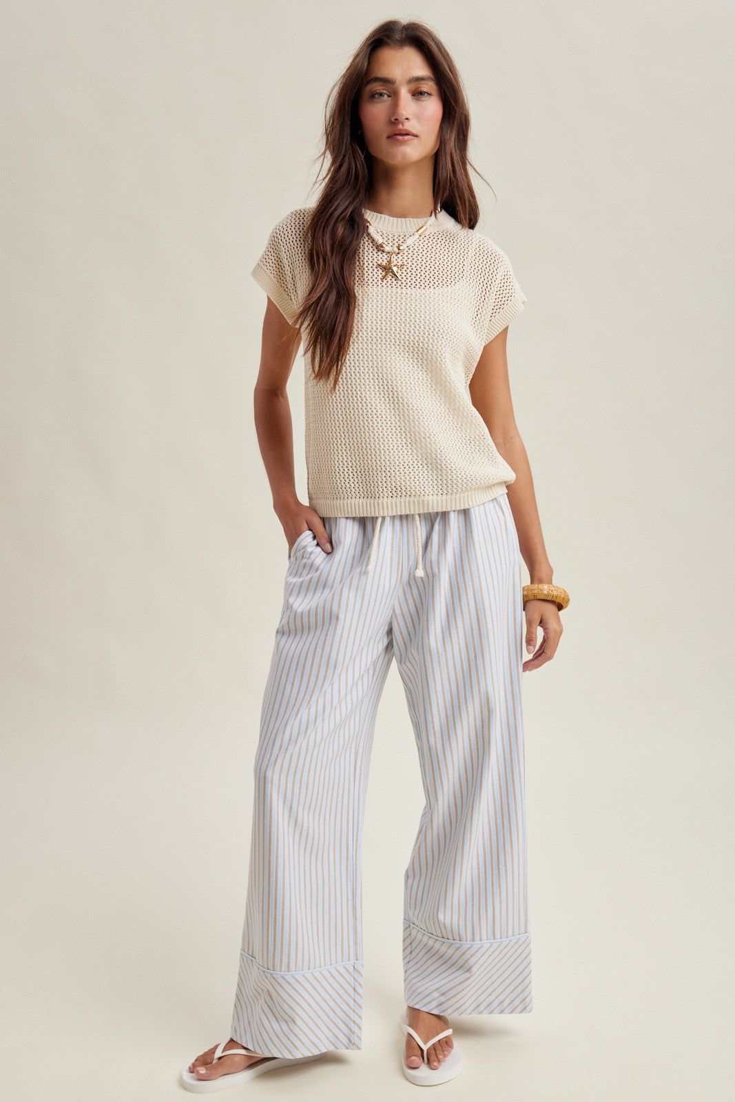 Coveair Open Knit Cap Sleeve Top - Natural