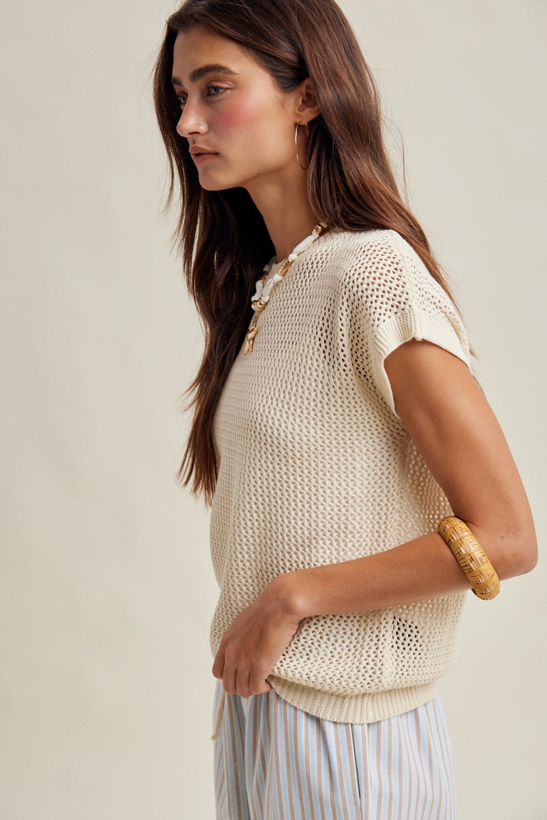 Coveair Open Knit Cap Sleeve Top - Natural
