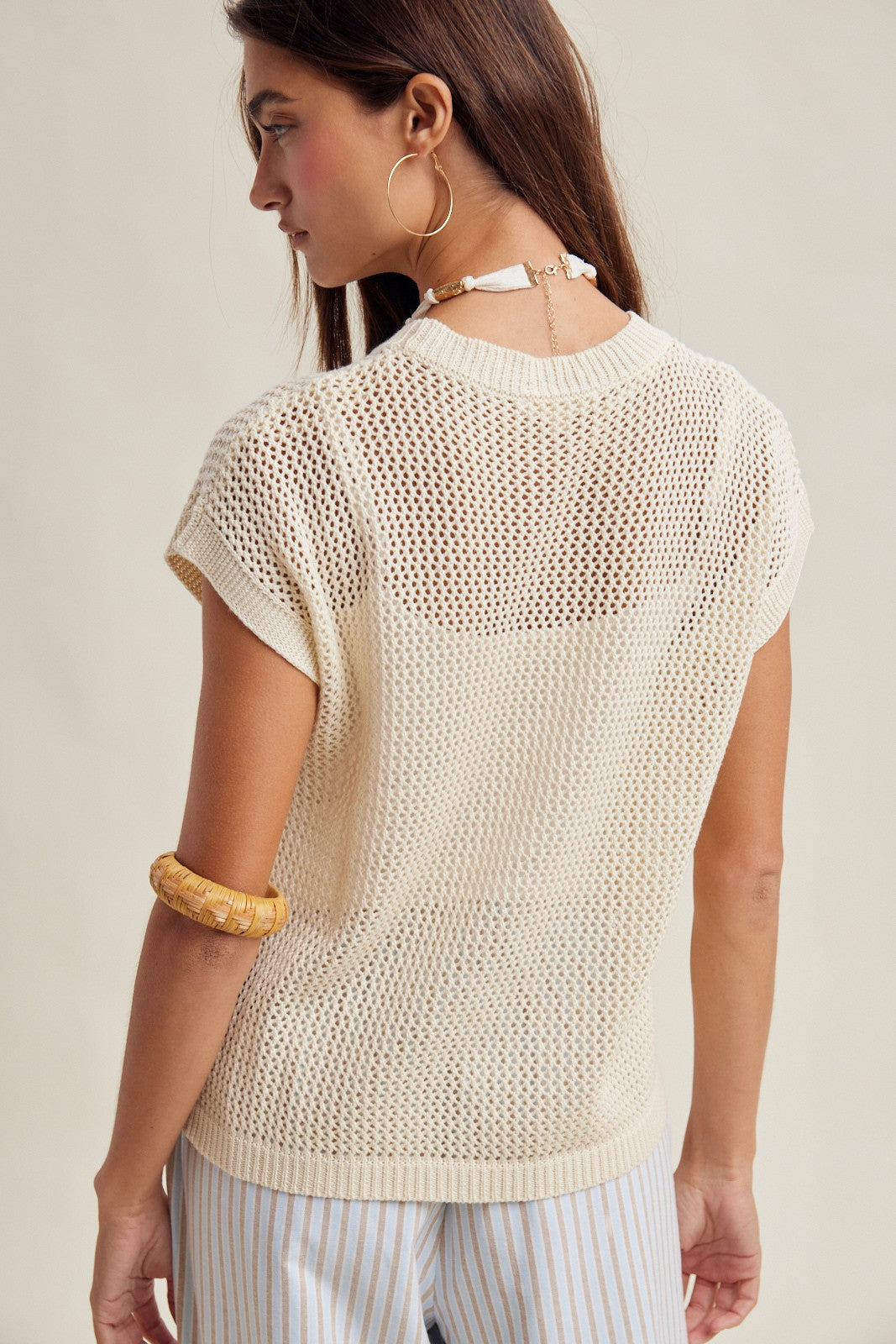 Coveair Open Knit Cap Sleeve Top - Natural