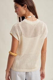Coveair Open Knit Cap Sleeve Top - Natural