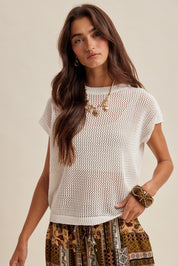 Coveair Open Knit Cap Sleeve Top - Off White