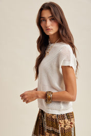 Coveair Open Knit Cap Sleeve Top - Off White