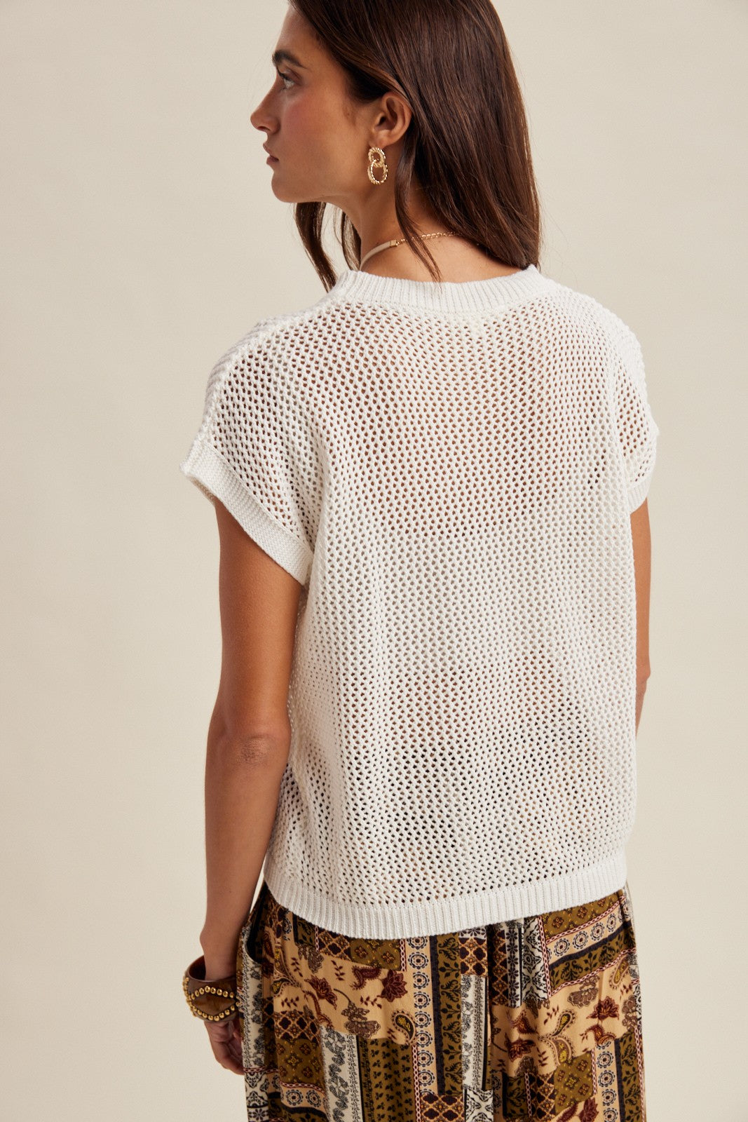 Coveair Open Knit Cap Sleeve Top - Off White