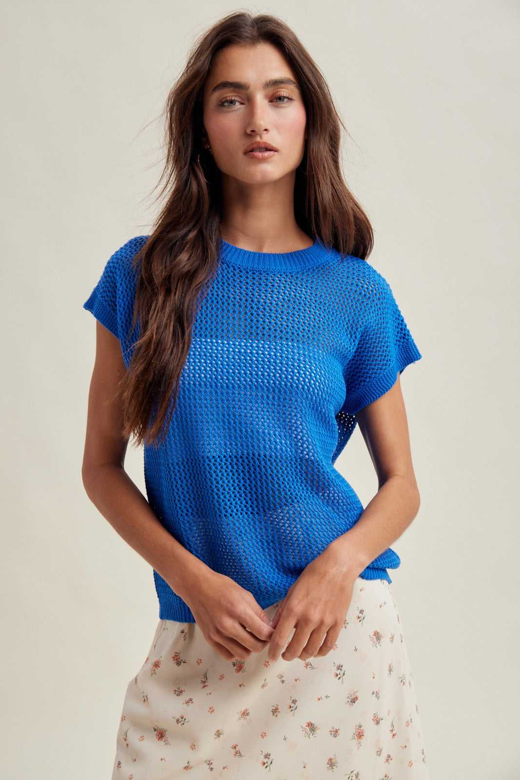 Coveair Open Knit Cap Sleeve Top - Pacific