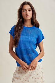 Coveair Open Knit Cap Sleeve Top - Pacific