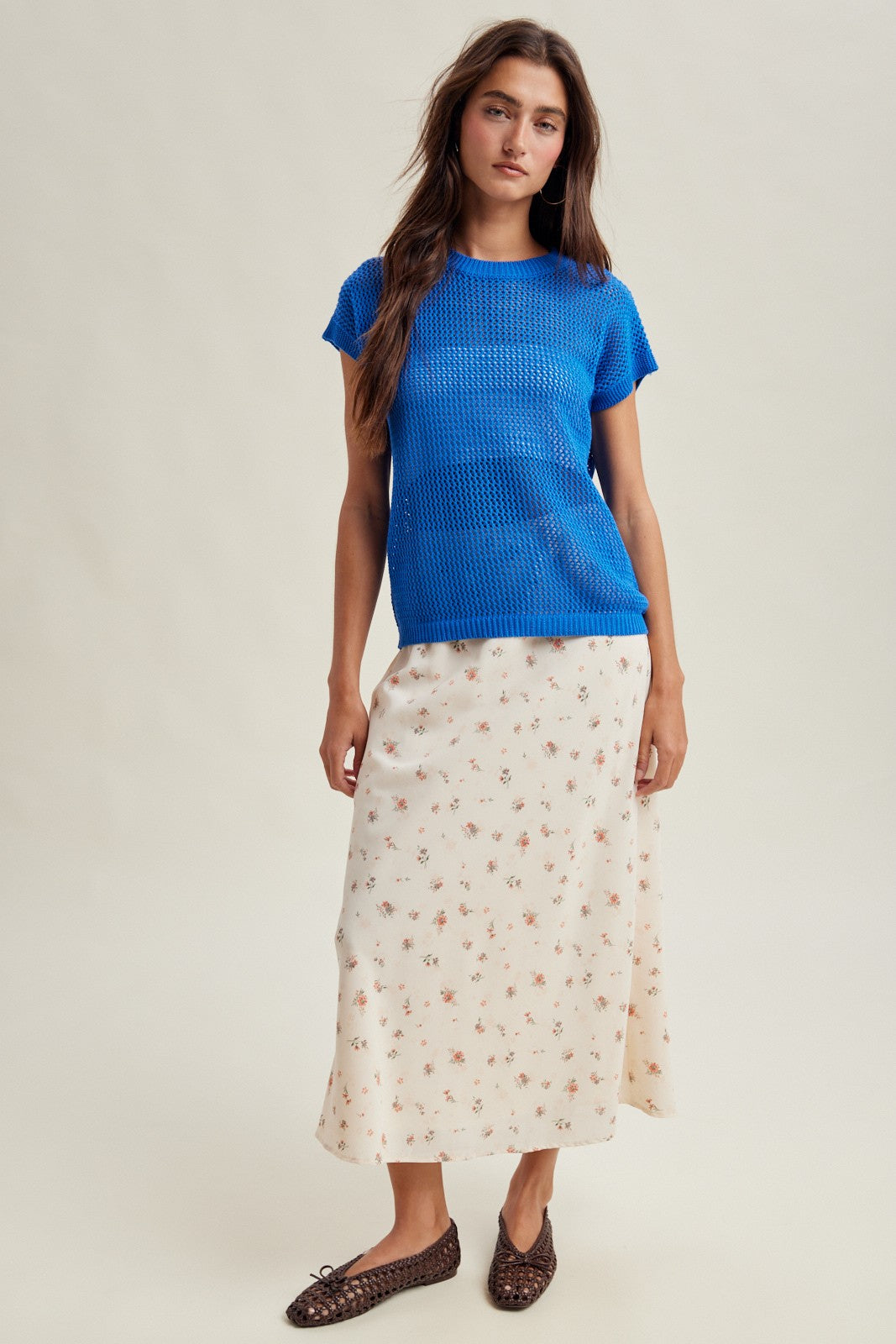 Coveair Open Knit Cap Sleeve Top - Pacific