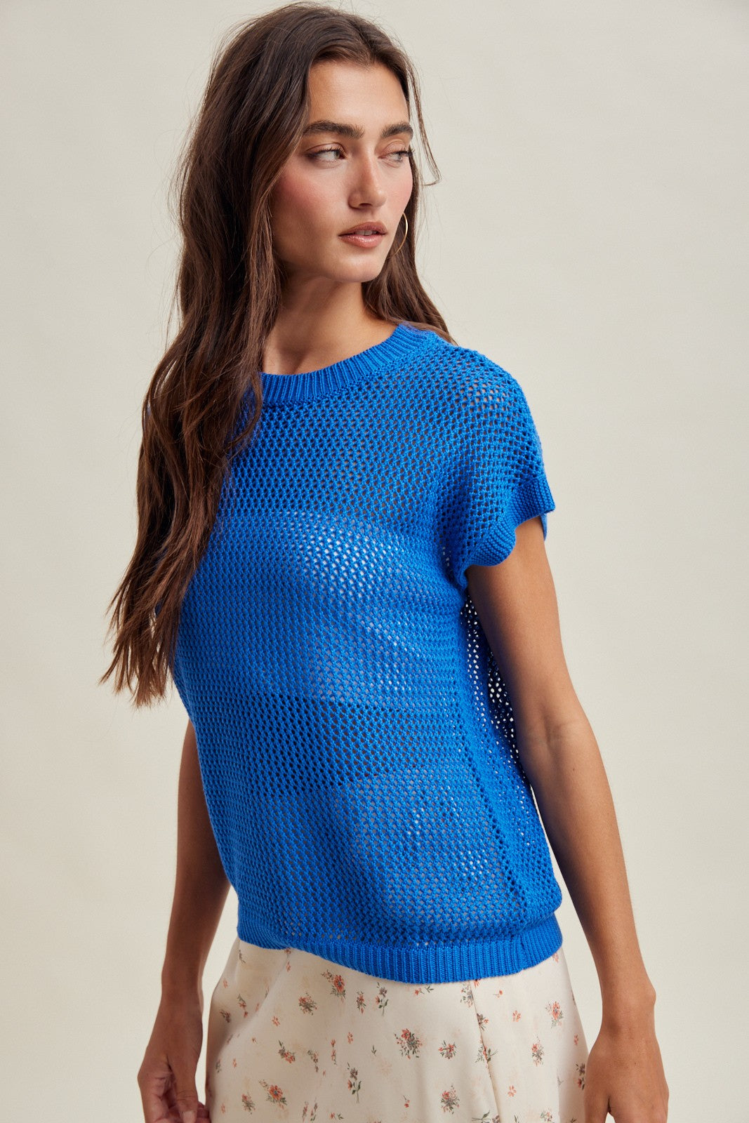 Coveair Open Knit Cap Sleeve Top - Pacific