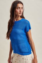 Coveair Open Knit Cap Sleeve Top - Pacific