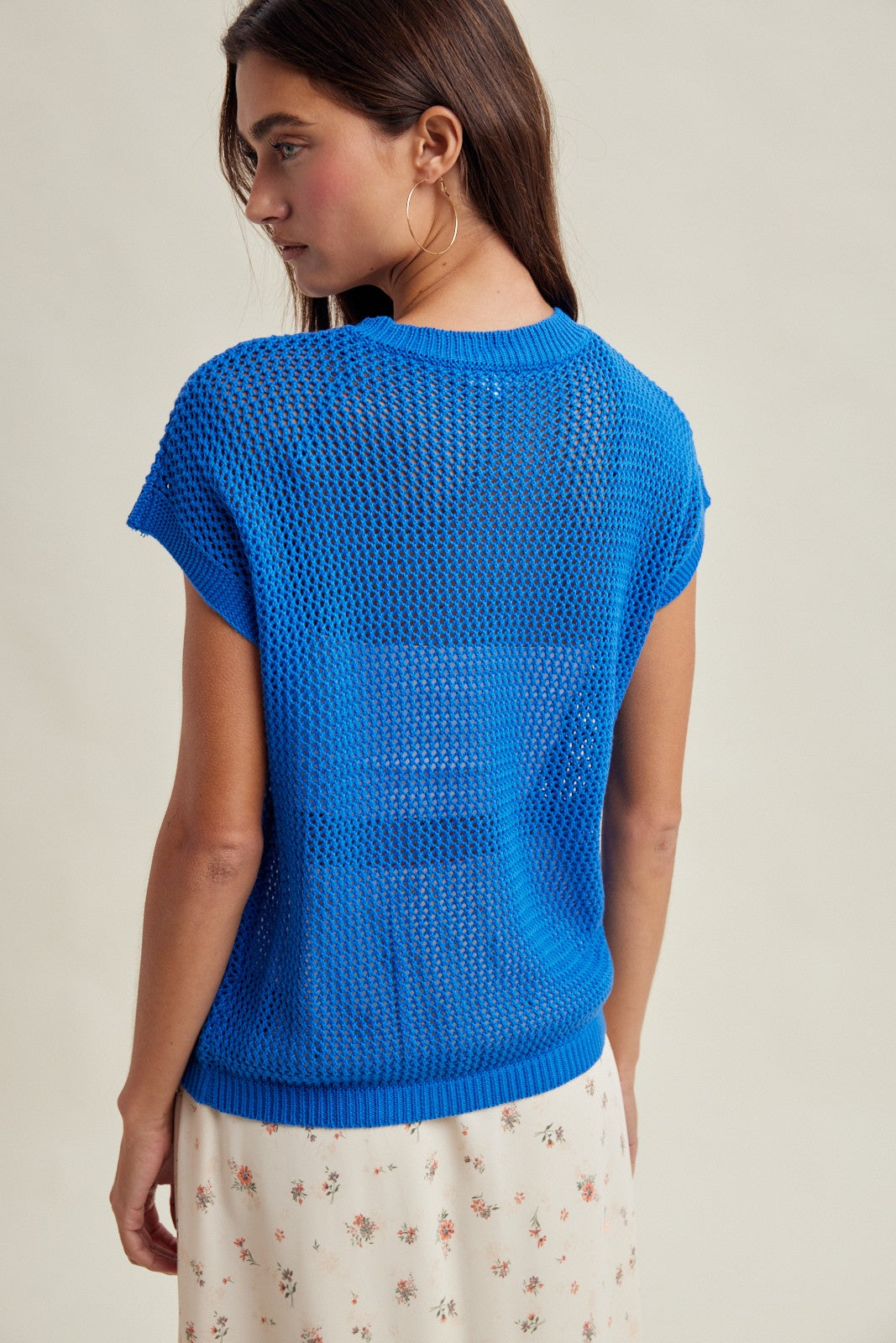 Coveair Open Knit Cap Sleeve Top - Pacific