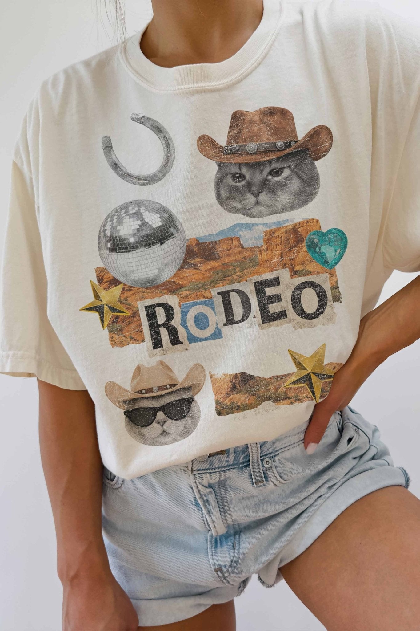 Cowboy Cat Rodeo Collage Oversized Graphic Tee - Westly