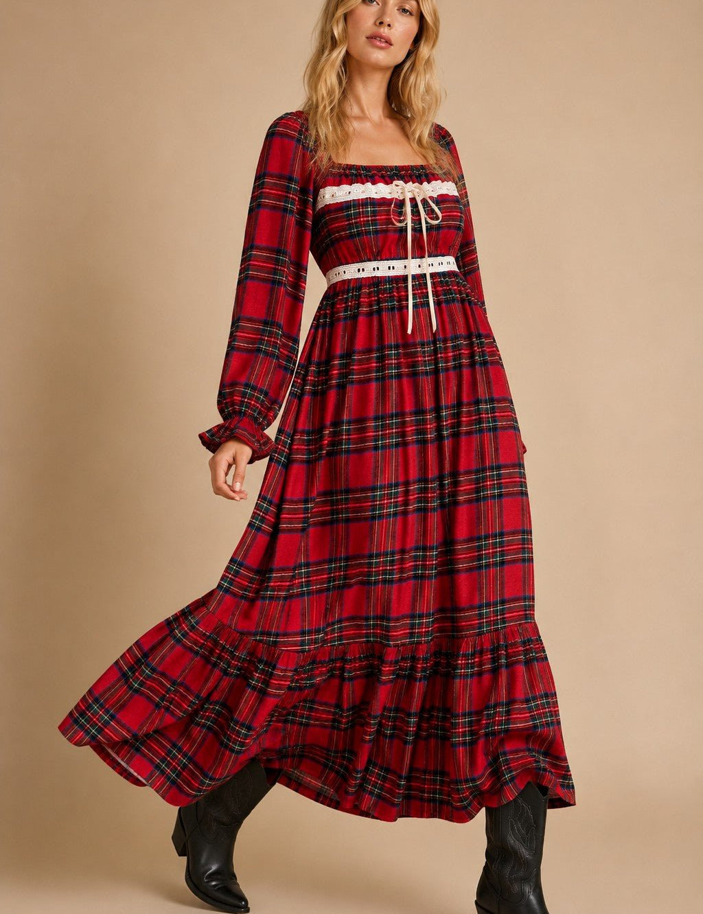 Cressida Lace Trim Plaid Maxi Dress - Westly