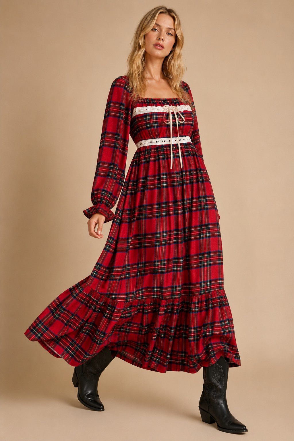 Cressida Lace Trim Plaid Maxi Dress - Westly