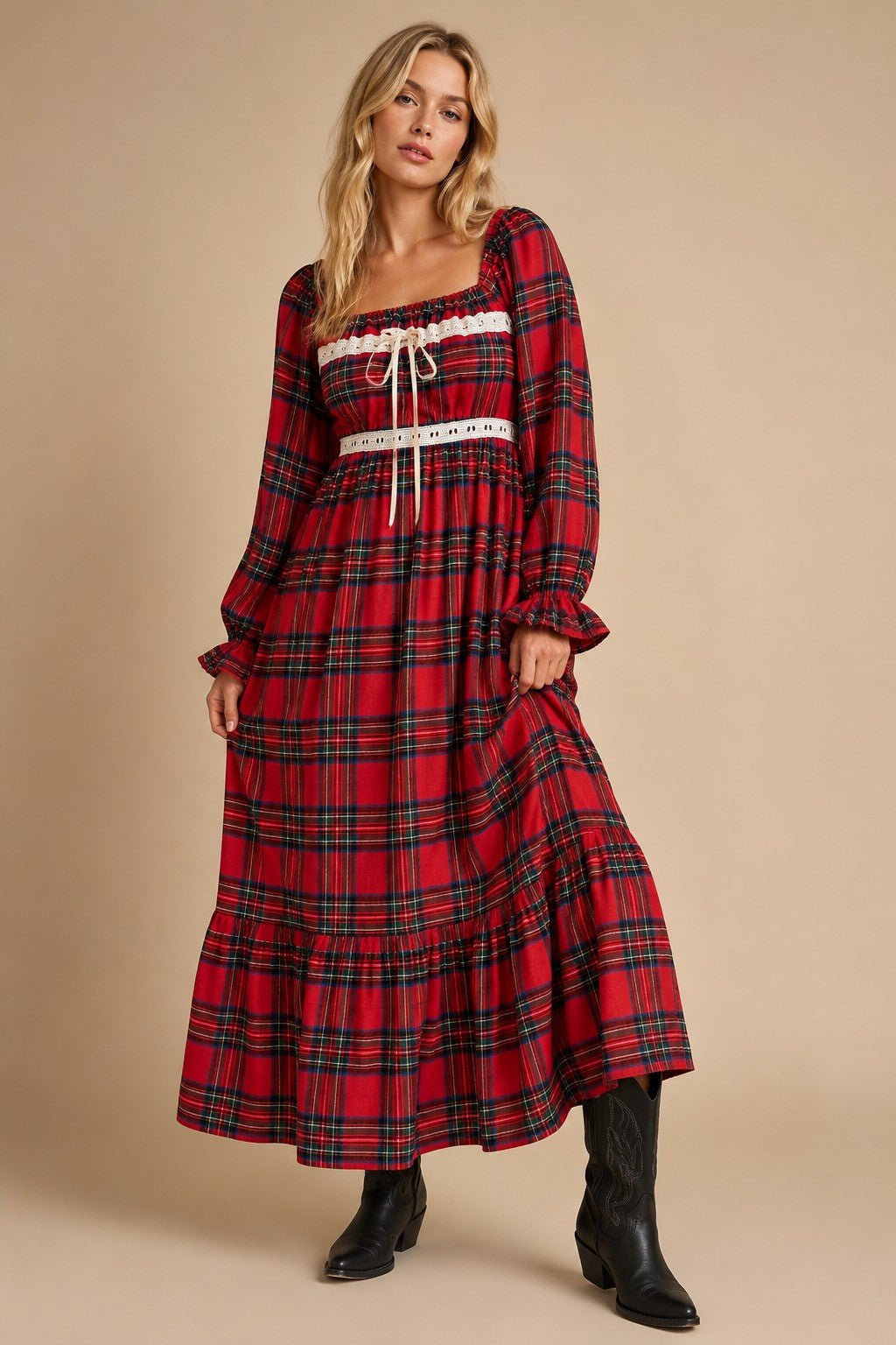 Cressida Lace Trim Plaid Maxi Dress - Westly