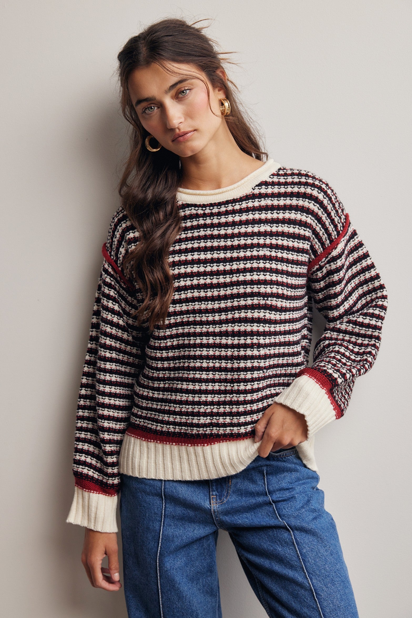 Crossways Textured Stripe Sweater in Black Red, photo 1