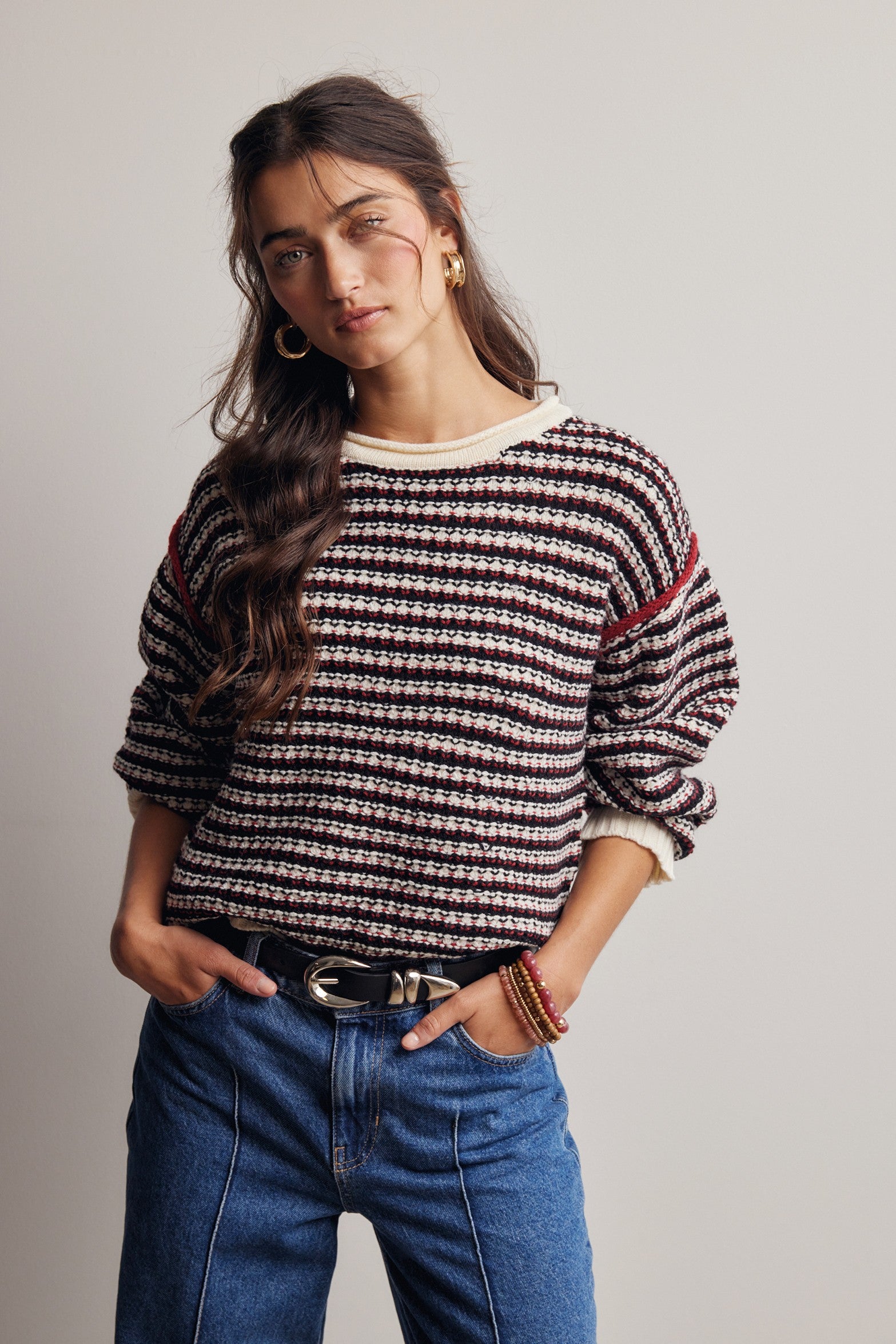 Crossways Textured Stripe Sweater in Black Red, photo 3