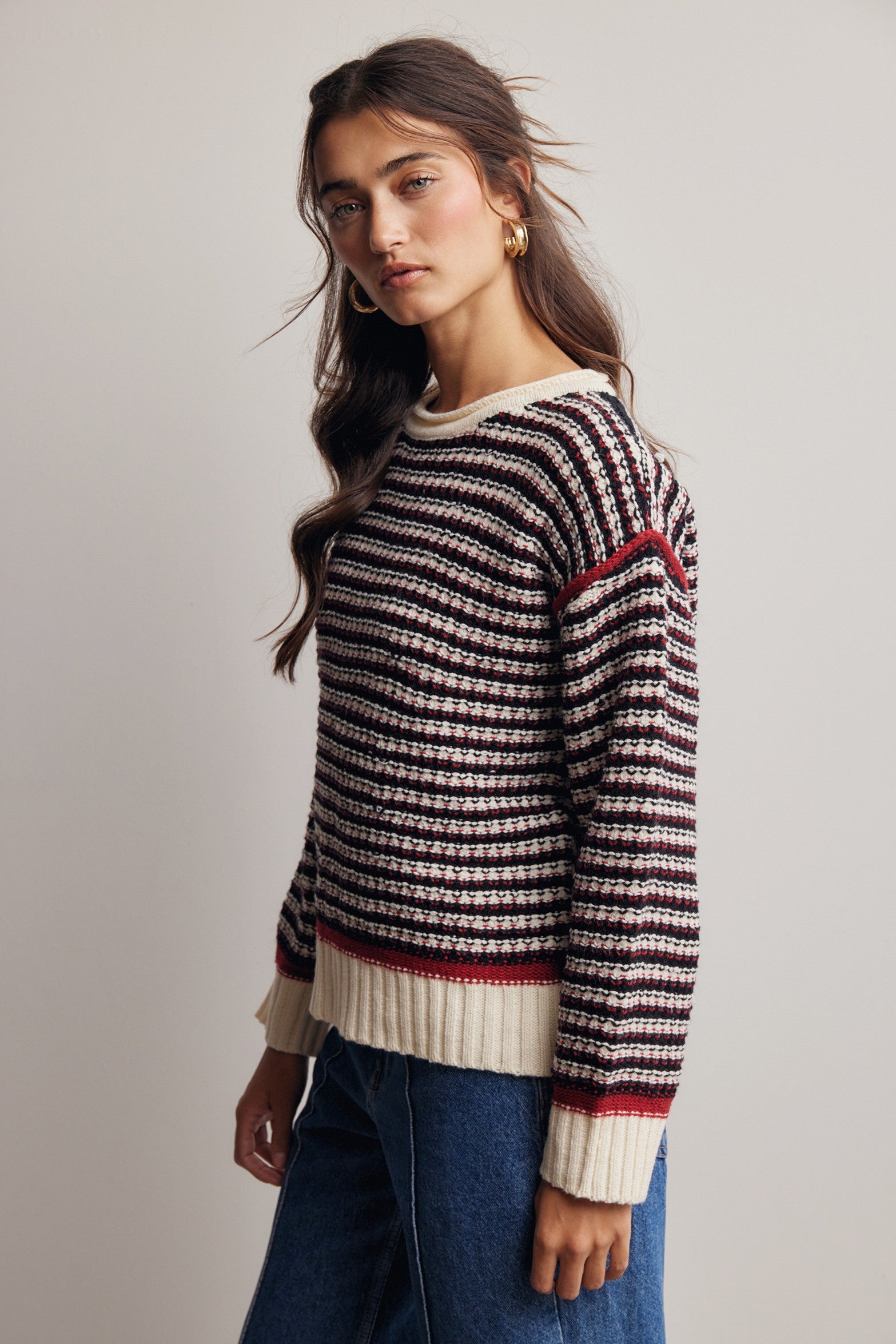 Crossways Textured Stripe Sweater in Black Red, photo 6