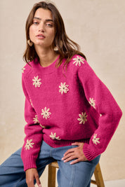 Daisy Chain Reaction Embroidered Daisy Sweater in Fuchsia, photo 1