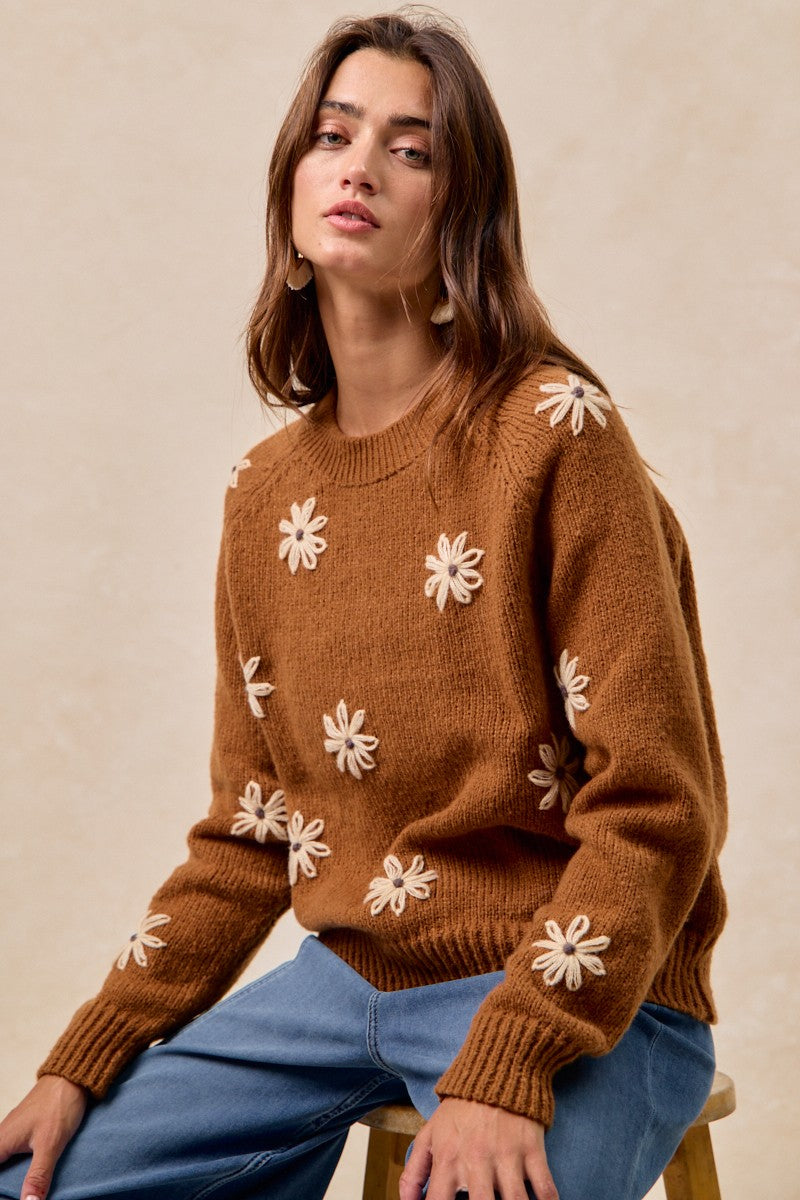 Daisy Chain Reaction Embroidered Daisy Sweater in Mocha, photo 4