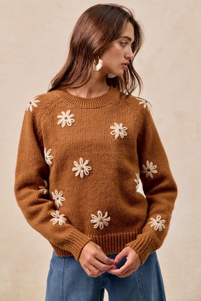 Daisy Chain Reaction Embroidered Daisy Sweater in Mocha, photo 12
