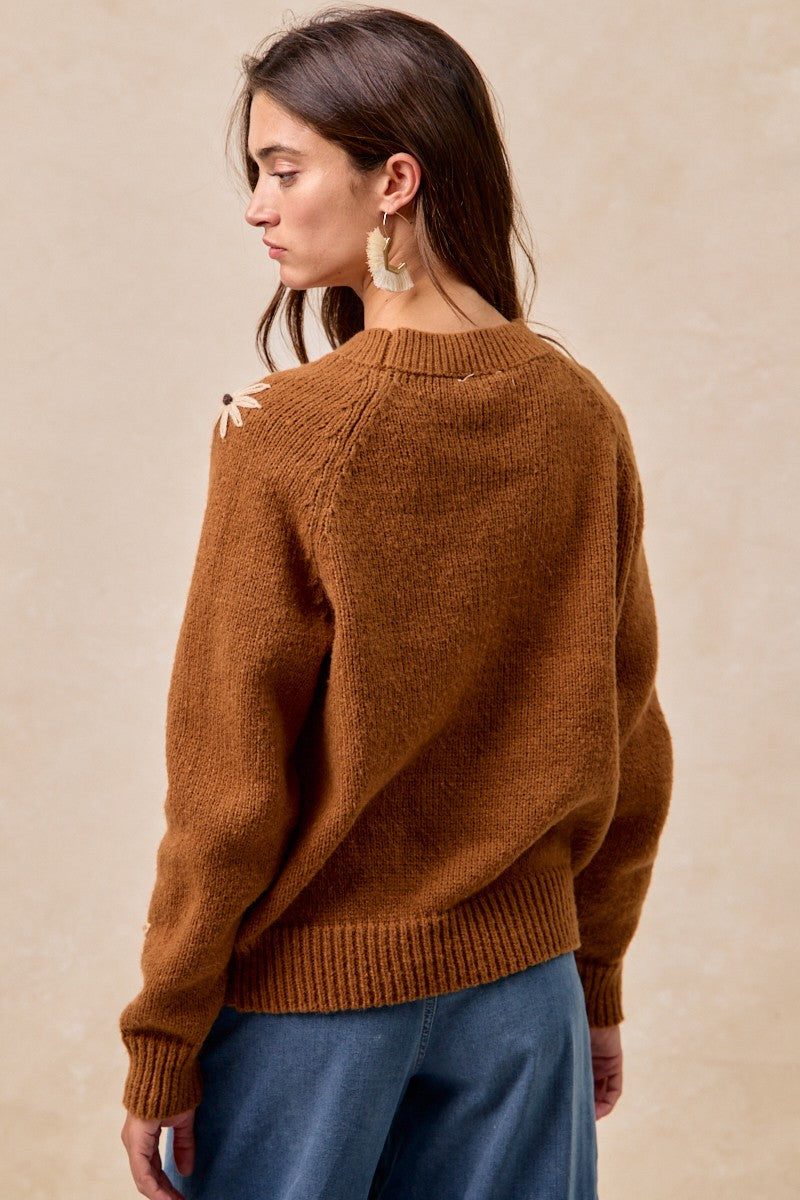 Daisy Chain Reaction Embroidered Daisy Sweater in Mocha, photo 13