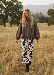 Dakota Cow Print Stretch Denim Wide Leg Pants - Westly