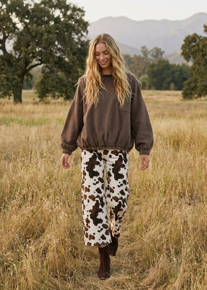 Dakota Cow Print Stretch Denim Wide Leg Pants - Westly