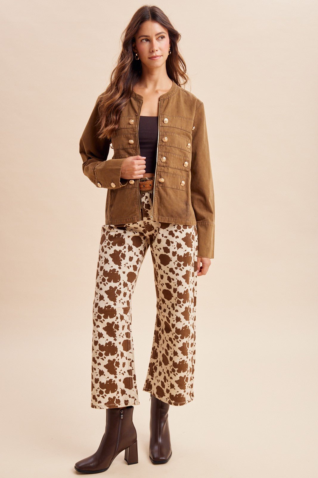 Dakota Cow Print Stretch Denim Wide Leg Pants - Westly