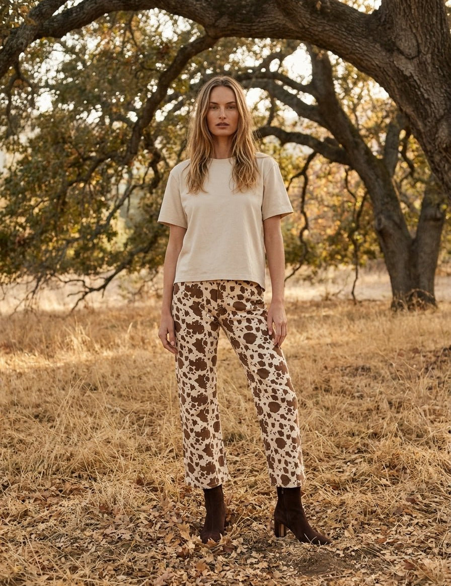 Dakota Cow Print Stretch Denim Wide Leg Pants - Westly