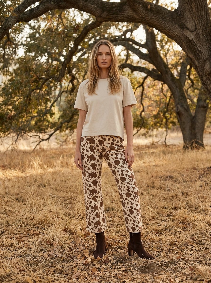 Dakota Cow Print Stretch Denim Wide Leg Pants - Westly