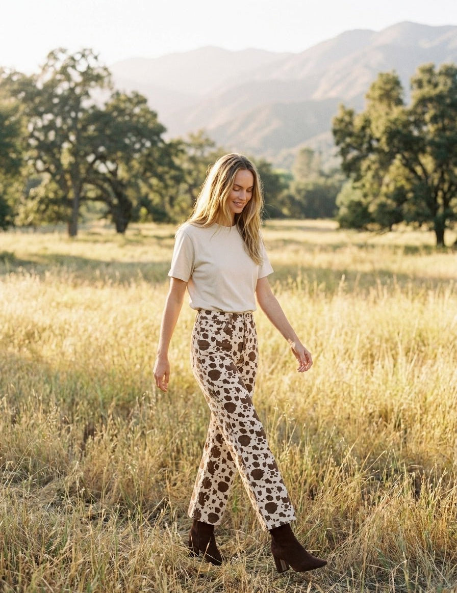 Dakota Cow Print Stretch Denim Wide Leg Pants - Westly