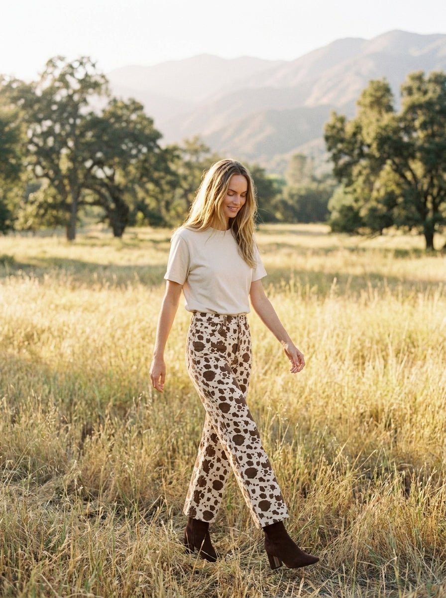Dakota Cow Print Stretch Denim Wide Leg Pants - Westly