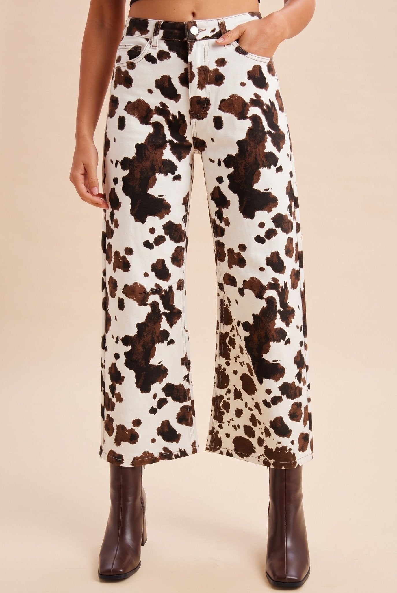 Dakota Cow Print Stretch Denim Wide Leg Pants - Westly