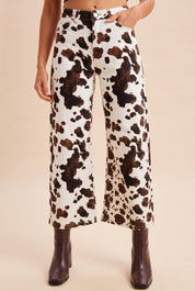 Dakota Cow Print Stretch Denim Wide Leg Pants - Westly