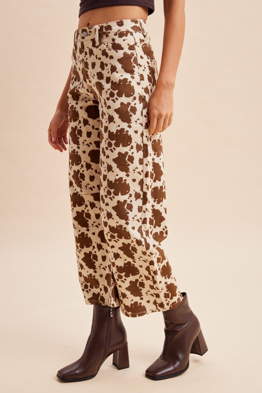Dakota Cow Print Stretch Denim Wide Leg Pants - Westly