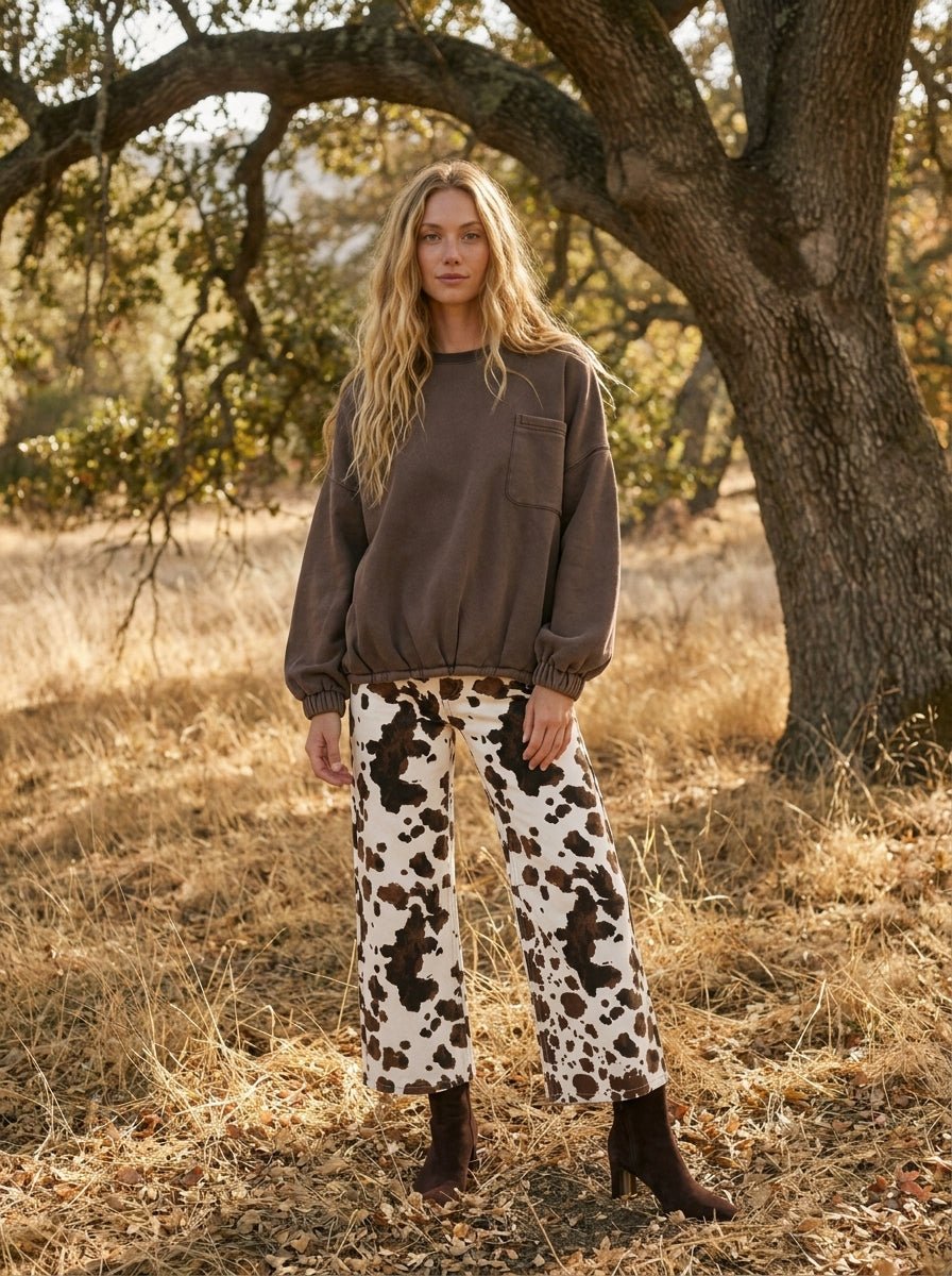 Dakota Cow Print Stretch Denim Wide Leg Pants - Westly