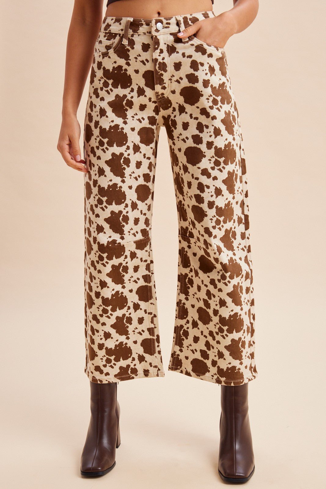 Dakota Cow Print Stretch Denim Wide Leg Pants - Westly