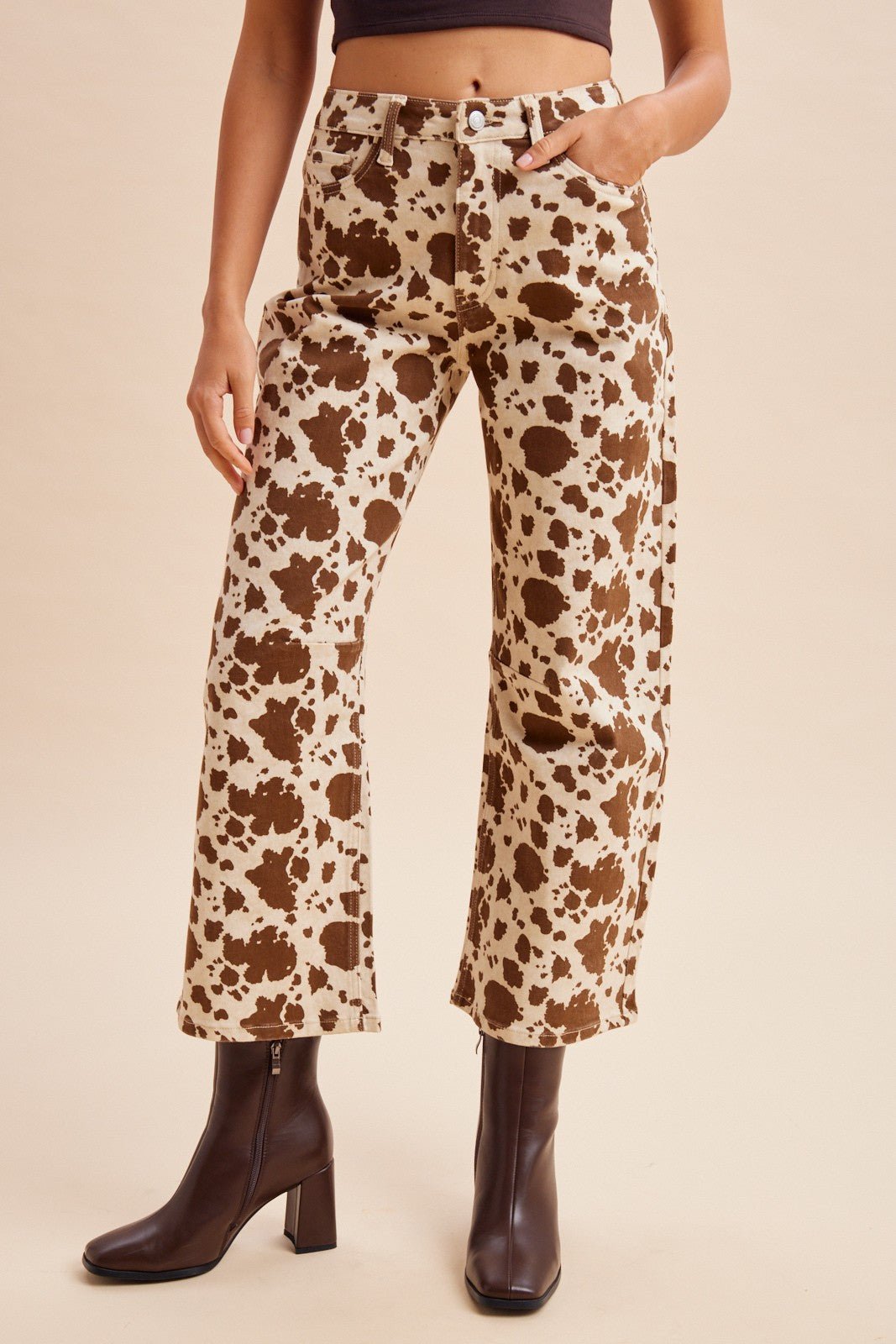 Dakota Cow Print Stretch Denim Wide Leg Pants - Westly