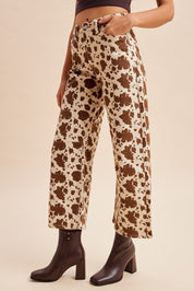 Dakota Cow Print Stretch Denim Wide Leg Pants - Westly