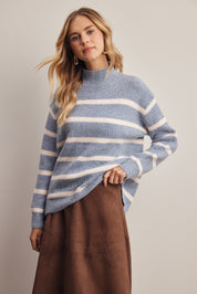 Dales Striped Mock Neck Sweater in Denim Blue, photo 1