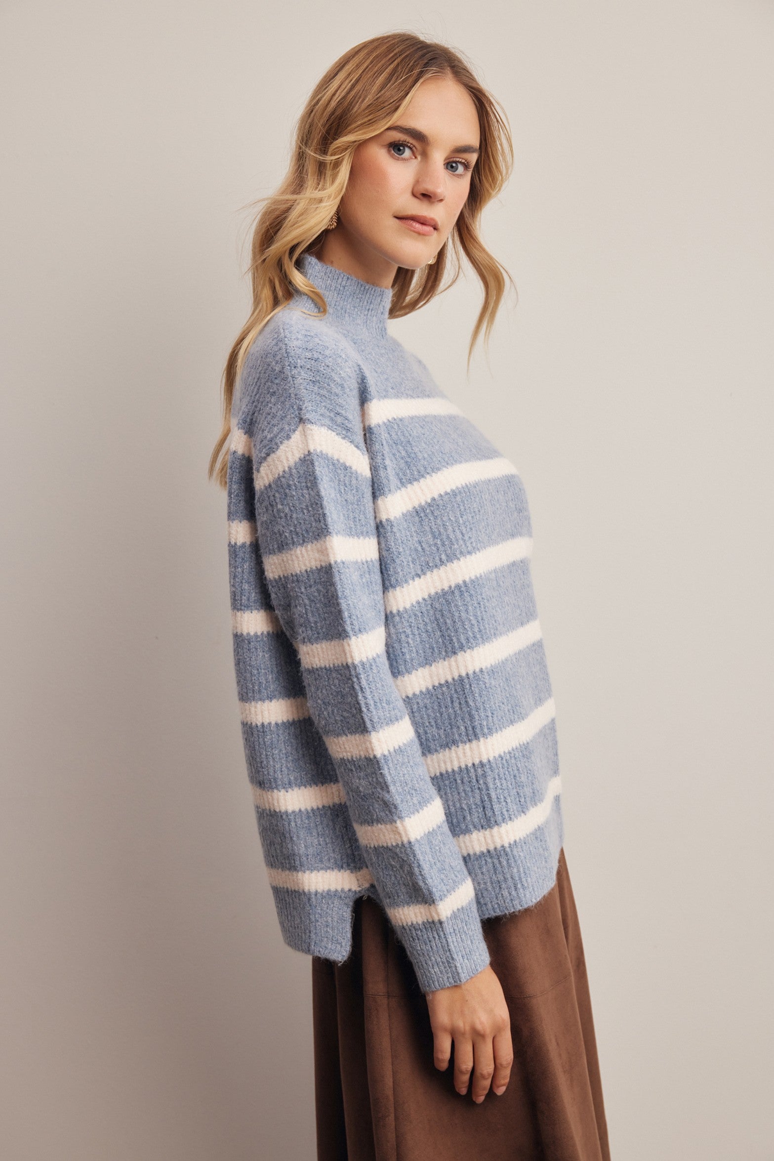 Dales Striped Mock Neck Sweater in Denim Blue, photo 8