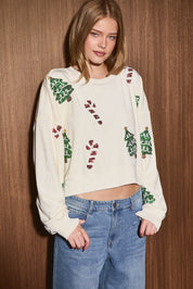 Deck the Halls Christmas Motif Cropped Sweatshirt in Cream — product photo 01